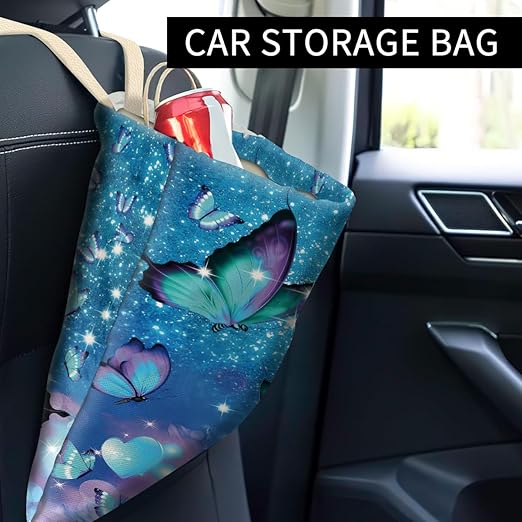 Car Trash Can, Cute Car Trash Bag, Hanging Car Organizer and Storage Bag, Trash Bin for Car Accessories, Vehicle, Travelling, Camping Blue Purple Butterfly