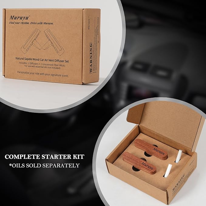 Muruyu [2-Pack] Natural Sapele Wood Car Diffuser with Vent Clip, Refillable Car Air Freshener for your own Essential Oils (No Oils Included), Premium Auto Interior Accessories