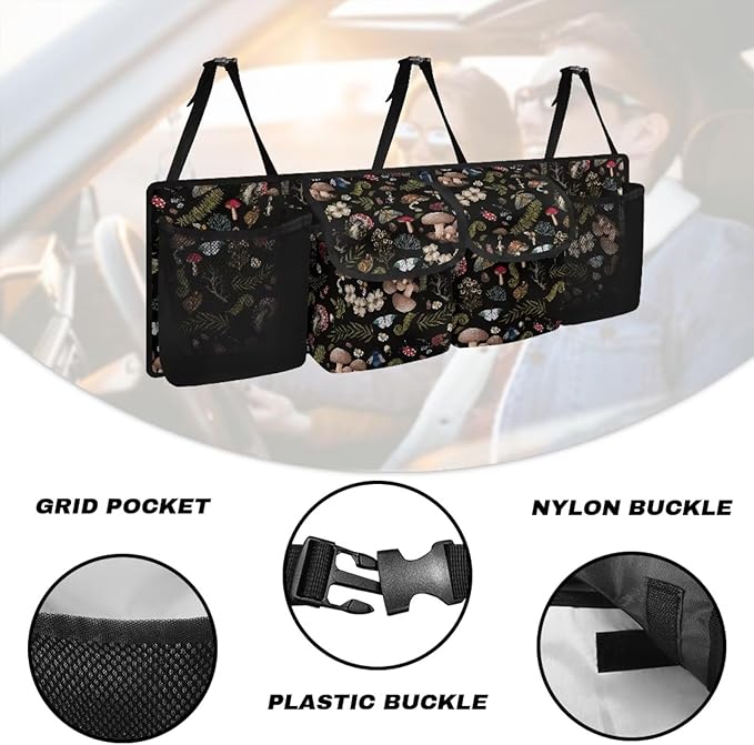 Mushroom Trunk Organizer Car Accessories for Women Space-Saving Car Organizers Storage Bag with 4 Pockets, Back Seat Car Organizer Adjustable Car Back Seat Organizer