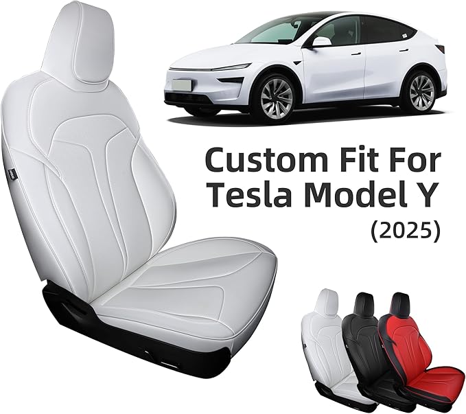 OURPLOT Custom Fit Seat Covers for 2025 2026 Tesla Model Y Juniper (5-Seater), Waterproof Breathable Nappa Leather, OEM Factory Style Full Set Car Seat Protectors Airbag Compatible - White