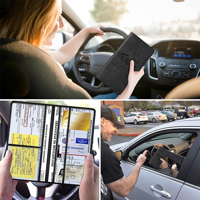 Kewucn Car Registration and Insurance Holder, Leather Auto Glove Box Organizer with Magnetic Shut, Vehicle Compartment Accessories Case for Cards, Driver License & Essential Documents