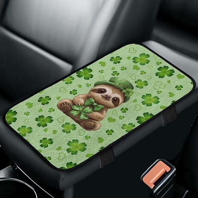 Bulopur St. Patrick's Otter Armrest Cover Car Center Console Cover Easy to Install Car Armrest Cushion Flannel Protector Protect from Pet Claws Thickened Fit for Most Cars, Vehicles, SUVs
