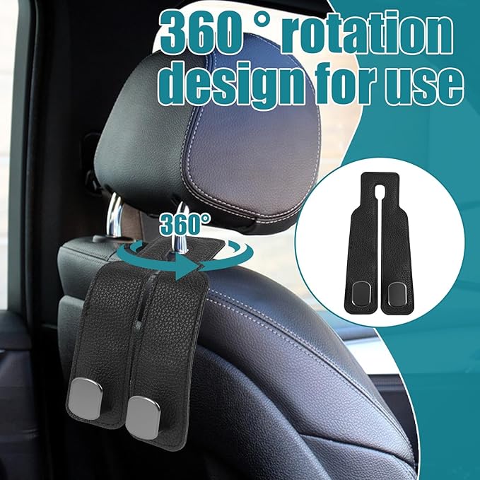 Liqqlex 2 Pcs Car Hooks for Headrest Leather and Metal Material, Universal Car Seat Hooks for Purses and Bags, Easy Install, Back Seat Organization, Suitable for SUVs, Sedans, and Minivans