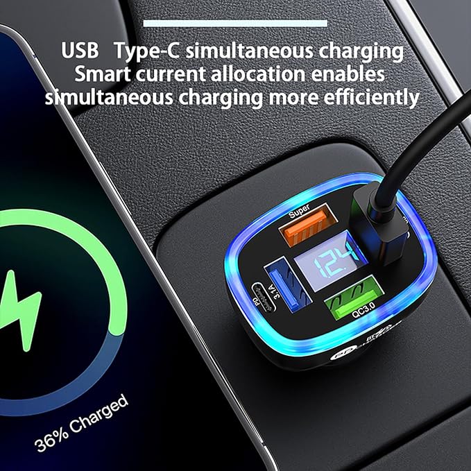 6-in-1 Multi-Function Car Charger with LED Digital Display, PD 3.1A & QC3.0 Super Fast Charging, Fire-Proof PC Body, Multi-Port USB/Type-C Car Adapter for iPhone Android Tablets Cars