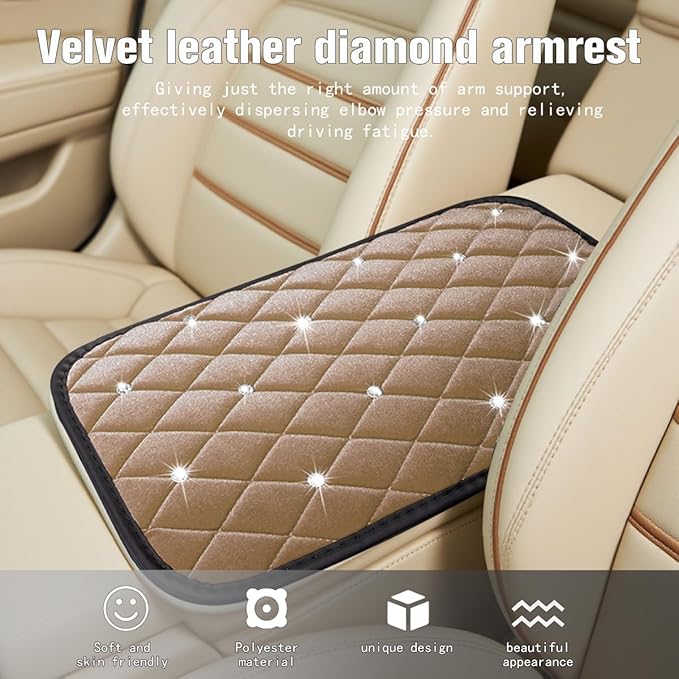 HZEL Bling Car Center Console Cover, Crystal Rhinestone Velvet Soft Vehicle Seat Armrest Box Protector Cushion, Comfortable Diamond Auto Arm Rest Mat Pad, Universal for Truck SUV Sedan (Beige)