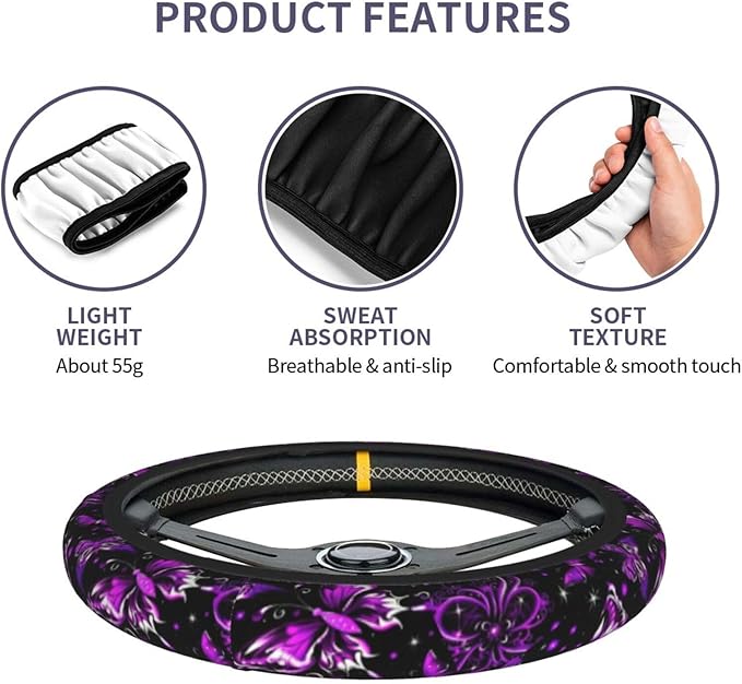 Purple Butterfly and Flower Universal Steering Wheel Cover for Men Women, Soft Anti Slip Stretch Neoprene Steering Wheel Covers Car Protector Accessories 15 Inch-Black