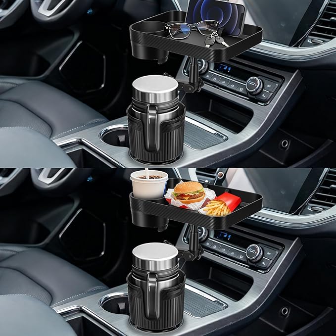 Car Cup Holder Tray, Car Food Tray for Eating with Phone Holder, Large Car Cup Holder Expander with Adjustable Base, Fit in 2.52-3.54 inch Car Holder, Road Trip Essentials