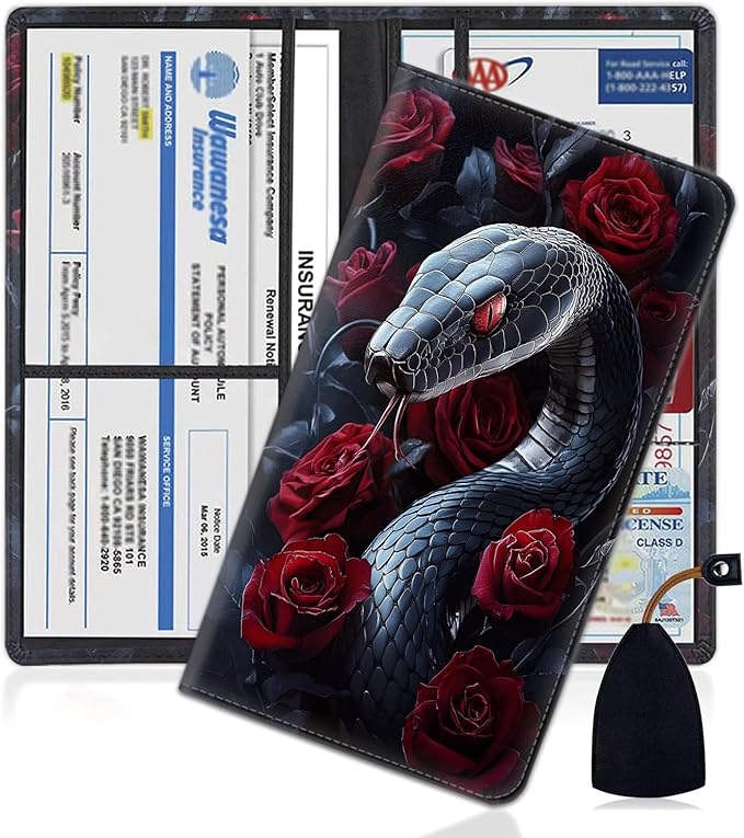 Car Document Holder with Magnetic Shut, Car Registration and Insurance Card Holder, Vehicle Glove Box Organizer Documents, Driver License, Auto Paperwork Organizer Wallet, Black Snake Guarding Rose
