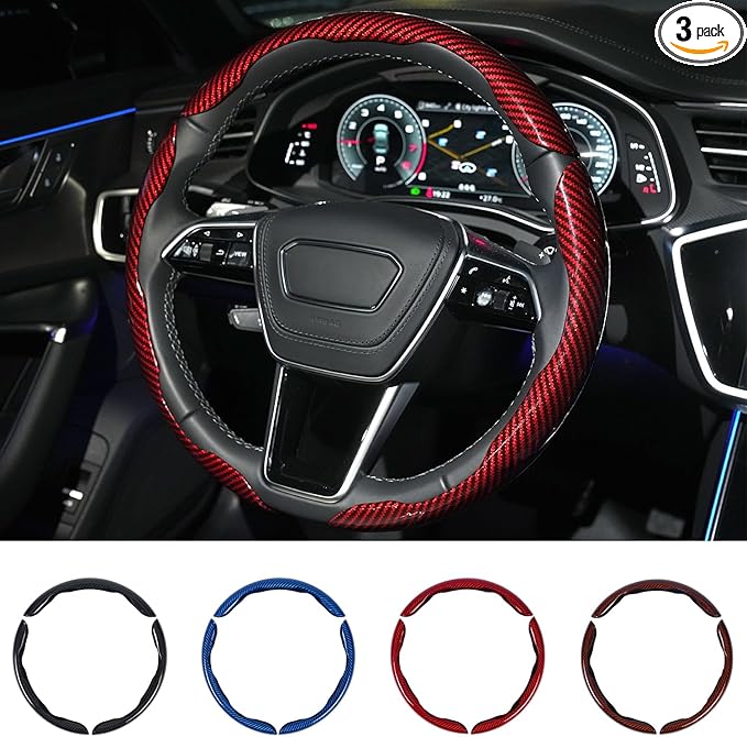 Carbon Fiber Steering Wheel Cover 3PCS Set – Anti-Slip, Scratch-Resistant, Universal Fit for 14–16 Inch Wheels – Interior Car Accessories for Cars, SUVs, Trucks (Red)