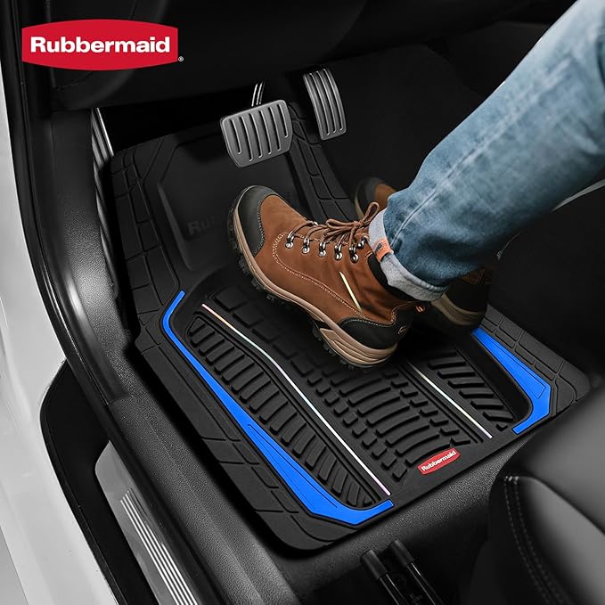 Rubbermaid Car Floor Mats Full Set – Premium All-Weather Car Mat with Brushed Aluminum Inserts, Universal Trim-to-Fit Design, Anti-Slip Backing for Cars, SUVs, Trucks, and Vans