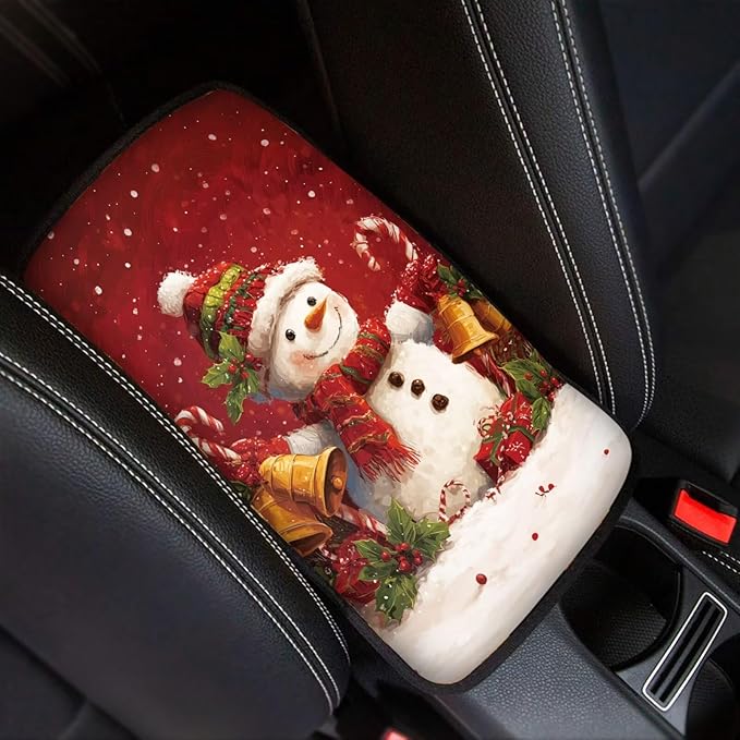 Cute Christmas Snowman Arm Rest Cover Car Center Console Cover Easy to Install Car Decor Accessories Auto Armrest Console Cover for Most Vehicle, SUV, Truck, Cars