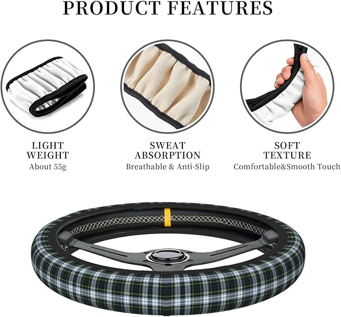 Thickened Elastic Steering Wheel Cover, Plaid Tartan Clan Gordon Scottish Green White Ultra, Soft, Breathable, Fit for Cars, SUVs, Trucks, Stylish Comfortable Grip