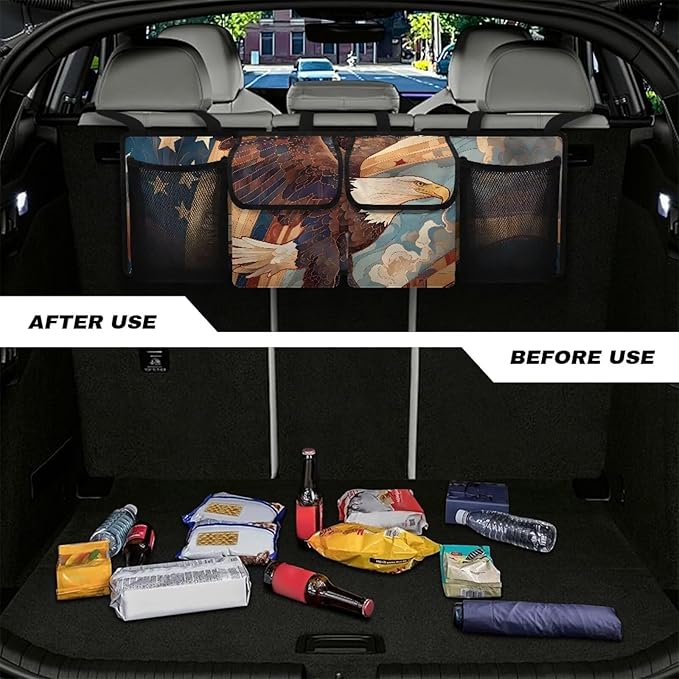 Back Seat Trunk Organizer Hanging Car Organizer Trunk Foldable Cargo Storage with 2 Large Storage Bag & 2 Mesh Pockets& 3 Adjustable Straps 37.01x11.81 inch,American Flag Eagle