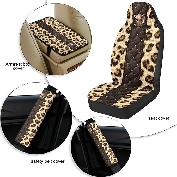 Qeluxign 5 Piece Car Seat Covers Full Set for Men Women PU Leather Front Seats Cover Auto Seatbelt Shoulder Pads Vehicle Center Console Armrest Cover,Leopard Print Panther Head