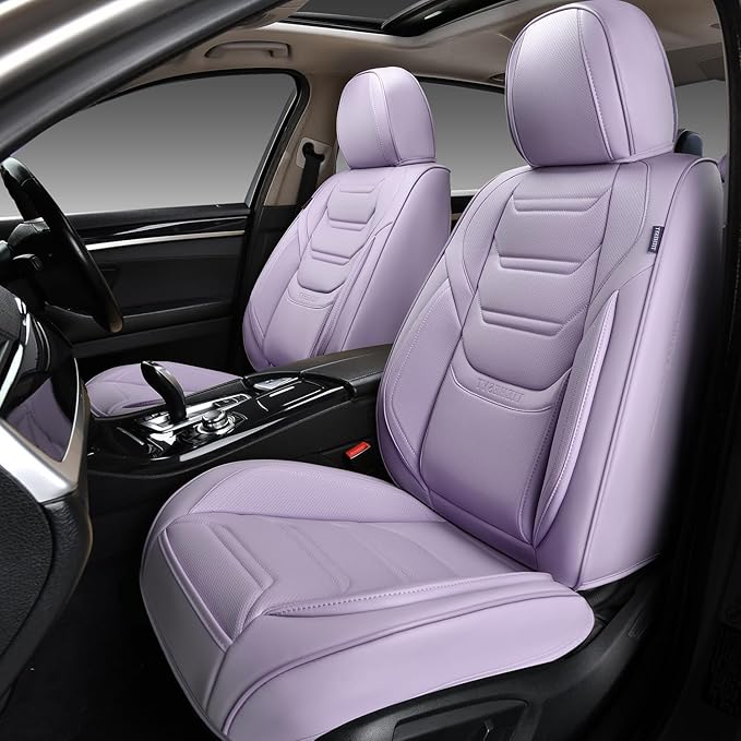 TIEHESYT Leather Car Seat Covers Full Set with Lumbar Support, Waterproof Car Seat Cover, Universal Seat Covers for Cars, Trucks, SUVs, Sedans, Airbag Compatible, Front Pair and Rear, Purple