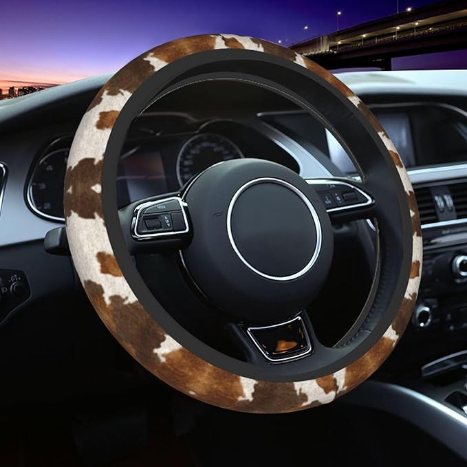 Western Cow Print Steering Wheel Cover Elastic Non-Slip Car Steering Wheel Covers with Seat Belt Shoulder Pad for Women Men