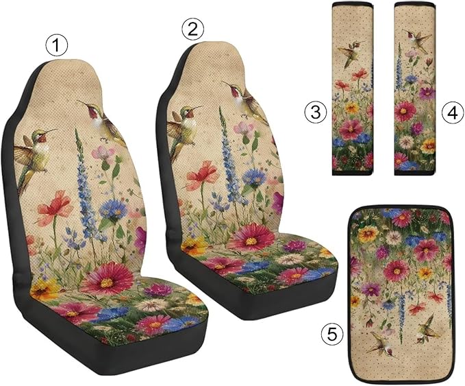Qeluxign 5 Piece Car Seat Covers Set for Women Men Hummingbird Colorful Floral PU Leather Seat Covers Belt Pads and Armrest Cover Universal Fit Car Accessories