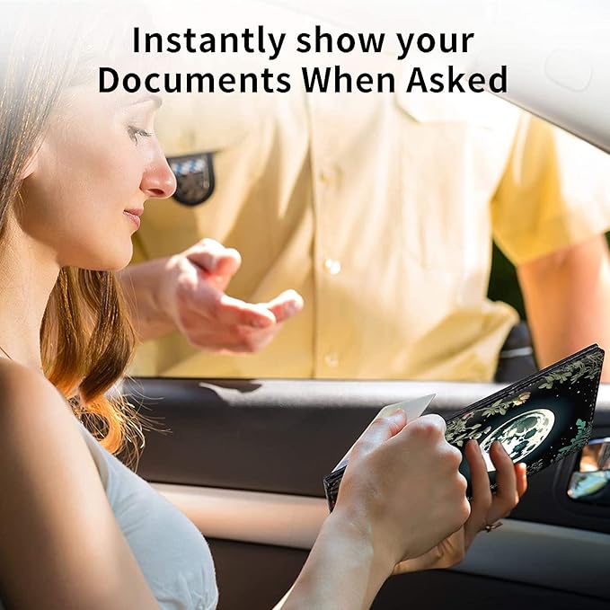 Car Registration and Insurance Holder, Leather Car Glove Box Organizer, Cool Car Accessories for ID, Driver's License Cards & Essential Document,Men&Women,business cards,Grass Flowers Moon Star