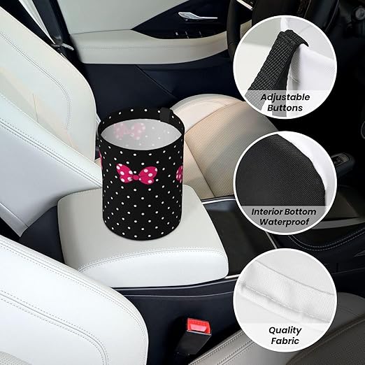 Cute Black Dots Pink Bow Car Trash Can Garbage Cans Foldable,Small Hanging Car Organizer Storage Bag Leak Proof, Auto Back Seat Trash Bin Universal for Truck, SUV, Outdoor Travel