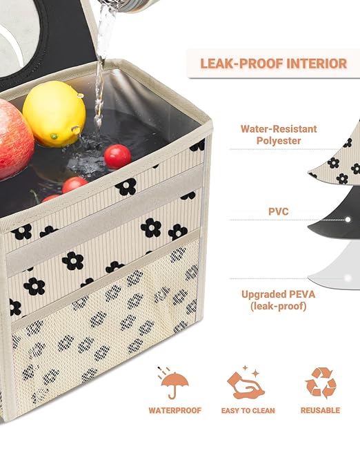 Capolo Car Trash Can with Lid, Leakproof Car Trash Bag Hanging Waterproof Automotive Garbage Can with Storage Pockets Mini Vehicle Trash Bin for Back/Front Seat(Corduroy Black Flower,2.5 Gallon)