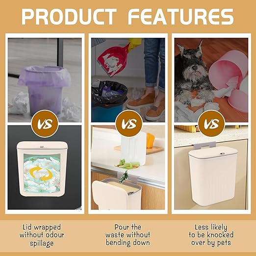 3 Pack Hanging Trash Can with Lid, Kitchen Compost Bin for Counter Top or Under Sink, Plastic Waste Basket Wall Mounted Garbage Can for Cupboard/Bathroom/Bedroom/Office/Camping (Cream)