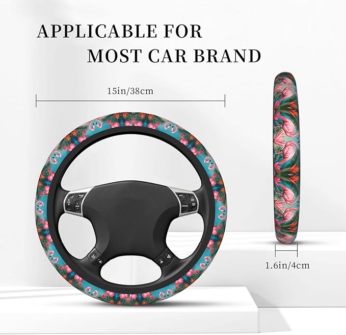 Flamingos Flower Palm Car Steering Wheel Cover, 15 Inch Steering Wheel Cover Stylish Decor for Most Cars