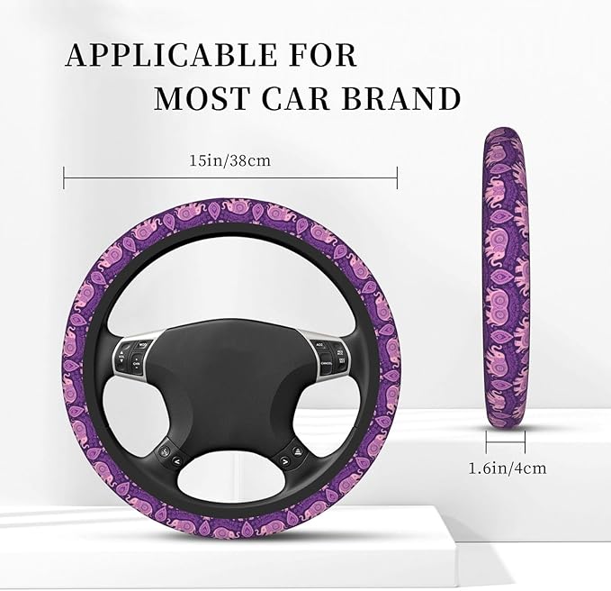 Purple Elephant Paisley Universal Fit Steering Wheel Cover for Car, Truck, and SUV, Durable Steering Wheel Protection