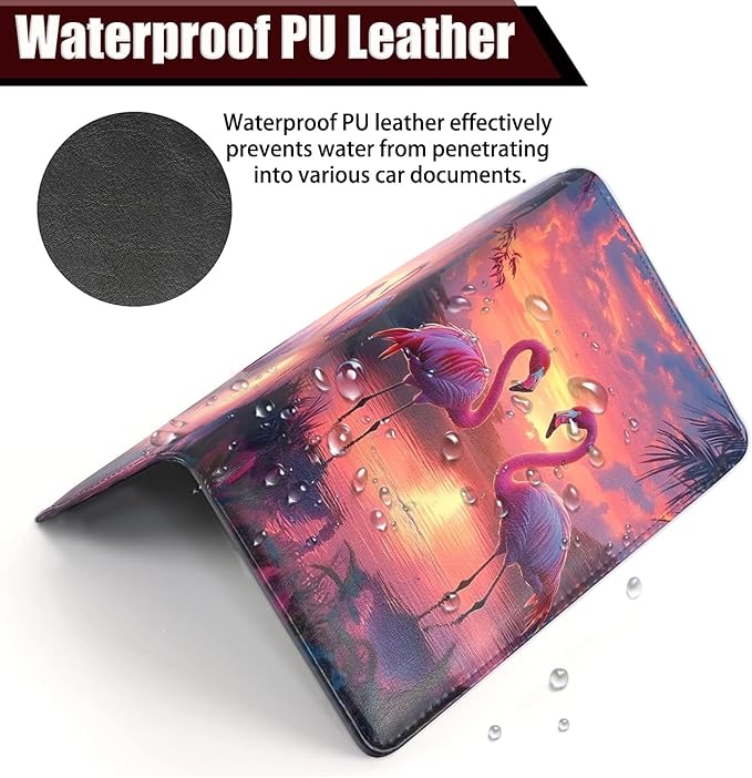 Car Registration Holder, PU Leather Vehicle Glove Box Organizer for Driver License, Document, Car Insurance Holder with Magnetic Shut, Auto Paperwork Wallet Case Accessories, Pink Flamingos Pattern
