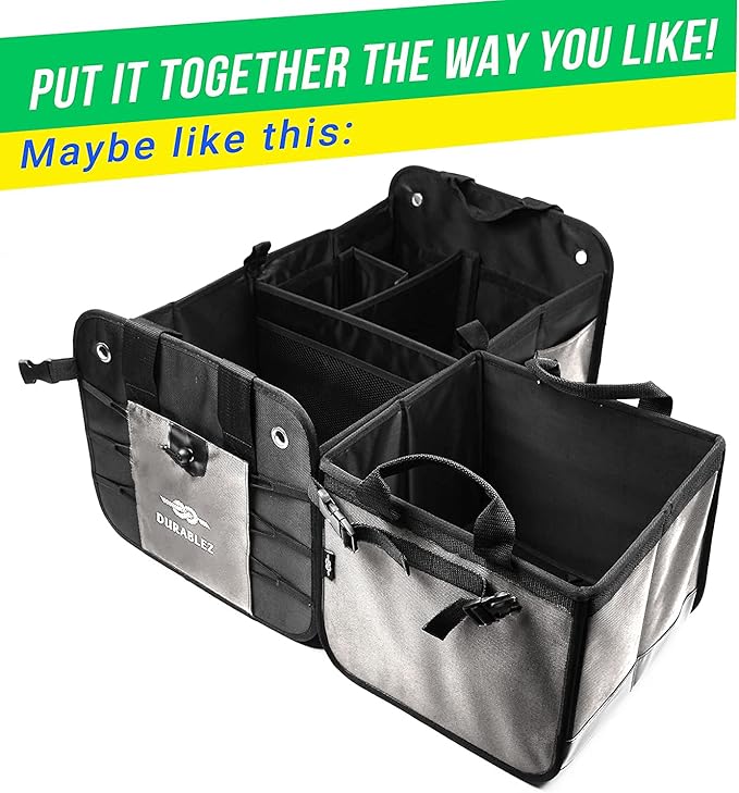 DURABLEZ 3-Section Modular Trunk Organizer XL – Car Storage for Groceries, Cleaning Supplies, Tools, Sports Gear – Foldable L-Shape Cargo Bin – Gray
