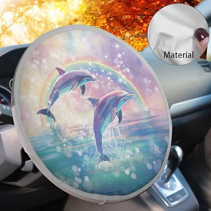 Rainbow Dolphin Sea Pattern Universal Car Steering Wheel Sun Shade Cover Fit Most SUV Truck Van Car Steering Wheel Sun Heat Shield Easy to Install Car Interior Accessories
