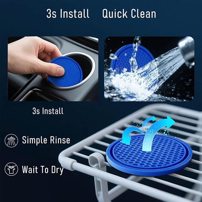 KULOLO Car Cup Holder Coaster 4 Pack - Non Slip & Shockproof,Flexible PVC Rubber Insert for Car/Truck/SUV/Van (2.75"x0.2") Universal Fit Auto Cup Holders Accessories for Women and Man (Blue)