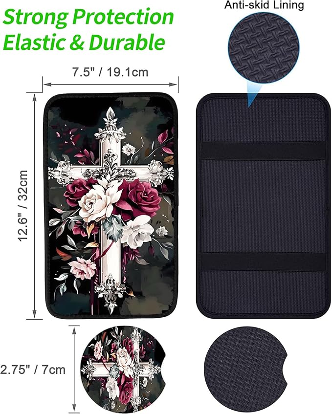 JANENFNA Car Armrest Cover Pads Universal Fashion Cute Auto Center Console Armrest Cover Pad with 2PCS Car Coasters Soft Waterproof Car Armrest Seat Protector for Women,Rose on Cross