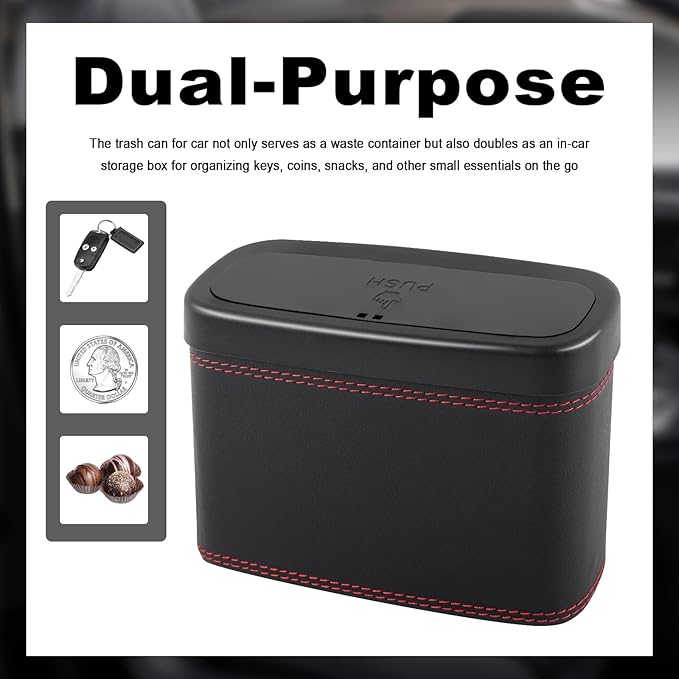 Push-Top Car Trash Can with Lid and Hanging Clip,Small Leather Car Garbage Can with 30 Trash Bags,Multi-Purpose Leakproof Cars Trashes Bin Cars Accessories for SUV,Truck,Auto