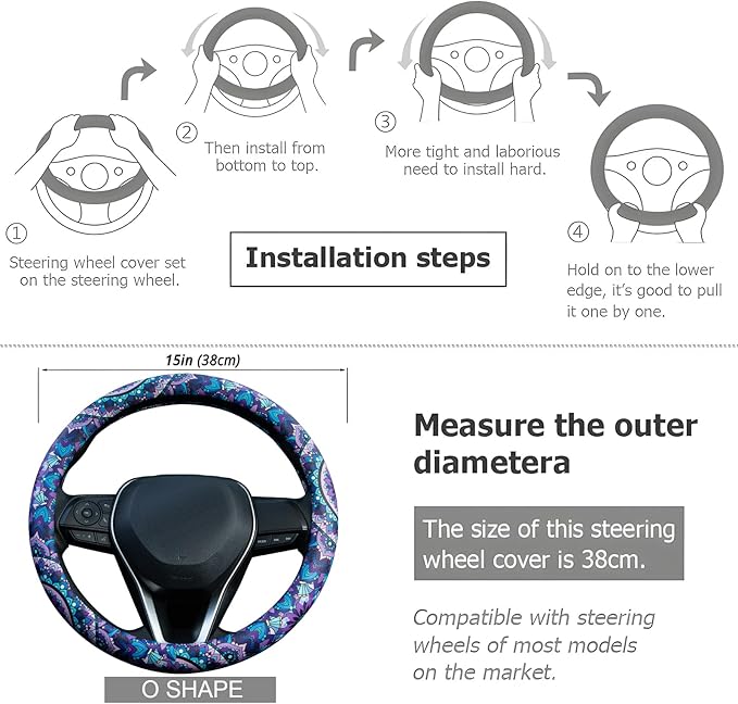 Purple Lotus Mandala Steering Wheel Cover Auto Jacquard Steering Wheel Protector, Anti-Slip, Breathable, Absorbing Sweat, Universal Car Accessories 14.5–15 inch,Fit for Most Car, Trucks, SUV