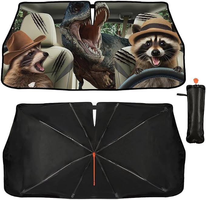 DOPINDU Funny Dinosaur Car Sunshade Umbrella for Windshield Foldable Raccoon Driving Car Sun Shade Cover with Bendable Handle Block UV Rays Sun Visor Protector Keep Vehicle Cool 57"x30"