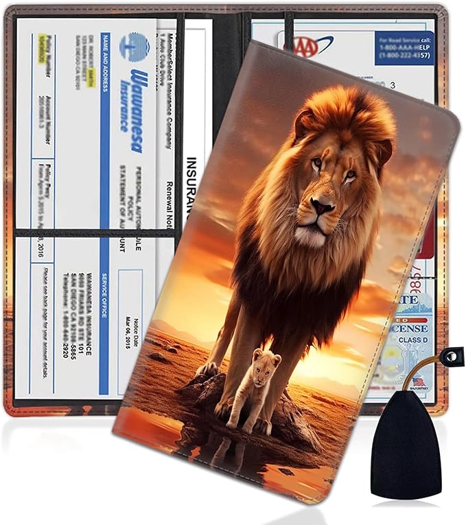 Yuxcfhjfe Car Registration and Insurance Holder, PU Leather Auto Document Holder for Men&Women, Vehicle Glove Box Compartment Organizer with Magnetic Shut for Driver's License, Llion Family Pattern