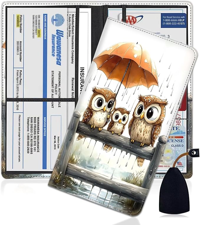 Car Registration Holder, PU Leather Vehicle Glove Box Organizer for Driver License, Document, Car Insurance Holder with Magnetic Shut, Auto Paperwork Wallet Case Accessories, Cute Owl Family Pattern
