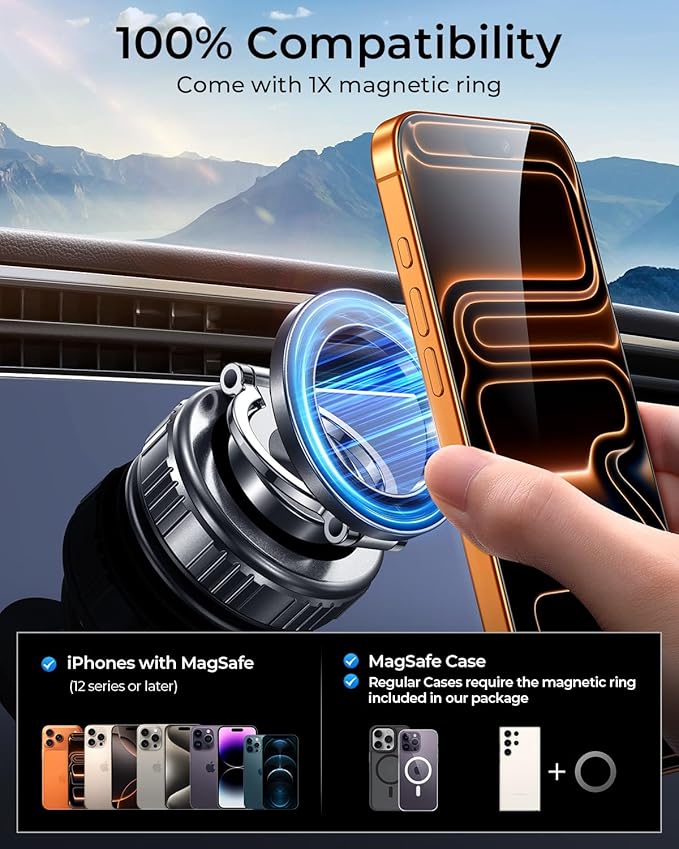 DIMONCOAT 2026 Upgraded Metal Vacuum Magnetic Phone Holder for Car [109LB Suction+2800gf Magnetic], 360° Magsafe Car Mount Suction Cup Phone Mount, Foldable Car Phone Holder for iPhone 17/16 Pro Max