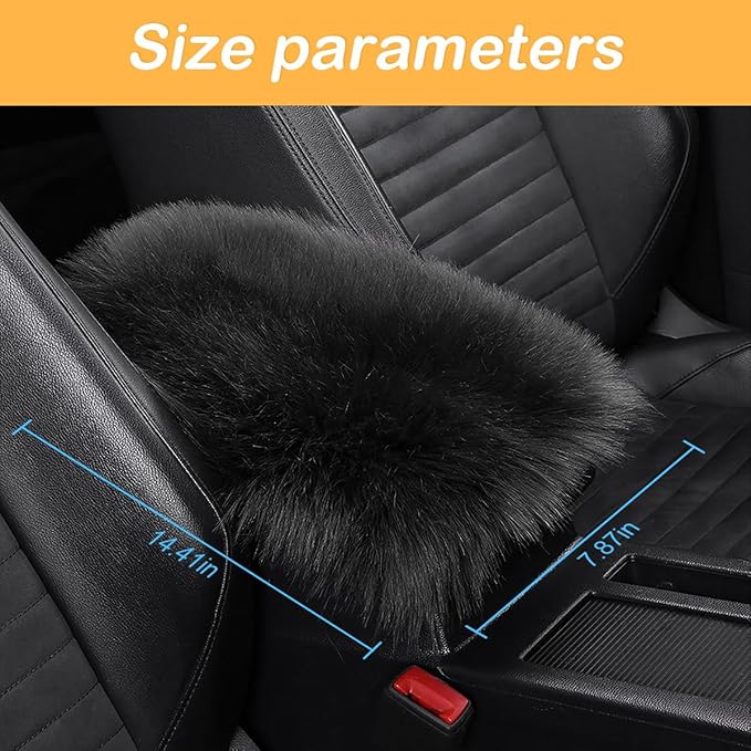 Auto Center Console Pad, 11.8" x 7.9" Furry Armrest Cover Universal for SUV/Truck/Car, Warm Winter Premium Faux Sheepskin Wool, Soft Fluffy Car Armrest Seat Box Cushion Protector (Black)