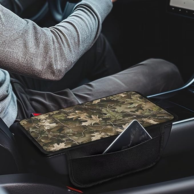 Dreaweet Hunting Deer Camo Car Center Console Cover with Pockets,Car Armrest Cover Center Console Cushion Pad Soft Comfy Arm Rest Cover for Car Truck SUV Van Sedan
