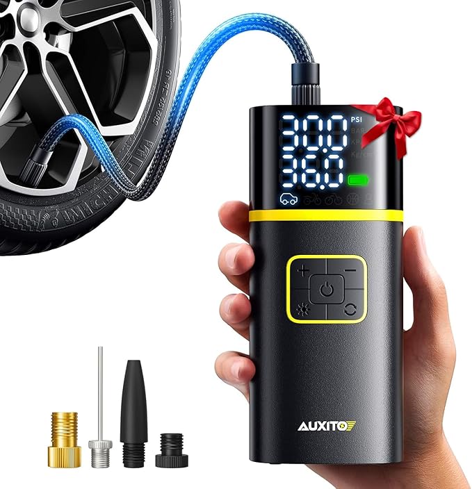 AUXITO Tire Inflator Portable Air Compressor - 150PSI Bike Pump 1Min Fast Inflate with Tire Pressure Gauge, LED Light & Car Accessories, Air Pump for Auto, Moto, Bike, Ball, Car Gifts for Men