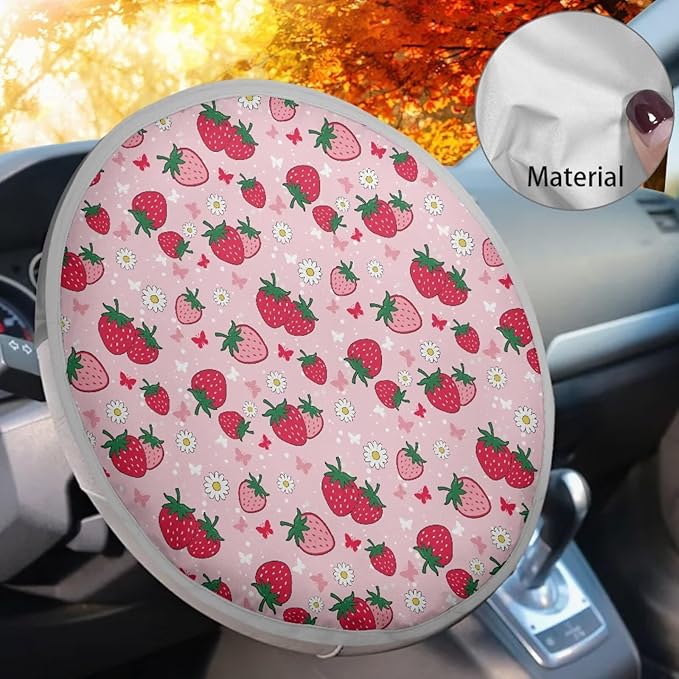 Strawberry Steering Wheel Shade Cover 17 Inch Pink Car Rudder Sunblock Cover for Summer Heat Resistant Steering Wheel Sunblock Cover for Most Vehicle Gift for Holiday
