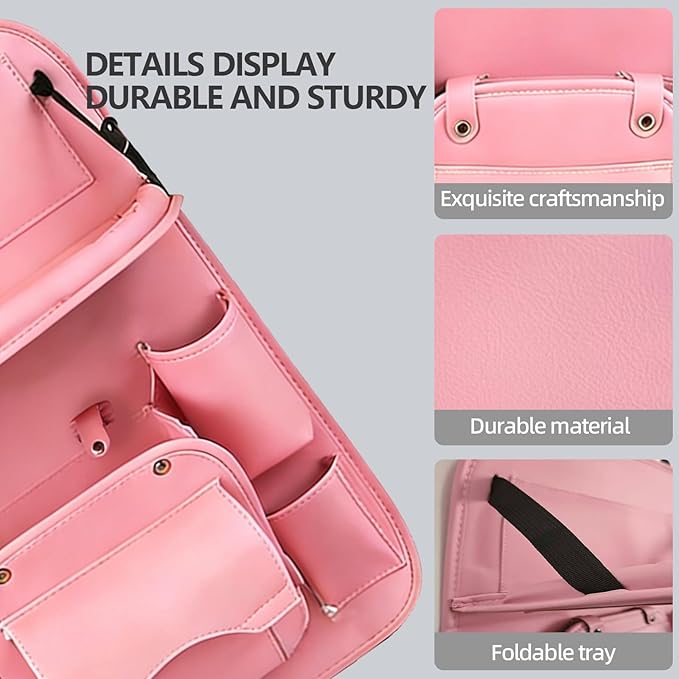 Car Seat Organizer, Multifunctional Backseat Protector Mat, Storage Bag and Tray Rack, Trash Storage (Suitable for Cars, Children, Back of Seats, and Rear Seats) (Pink, Leather 1-Piece Set)