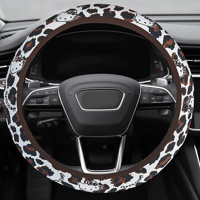 Cute Steering Wheel Cover for Women, Machine Washable Universal 14.5-15.5 inch Non-Slip Grip All Weather Use (Brown Leopard Cats)