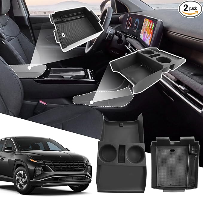 SXCY 2PCS for 2025 2026 Hyundai Tucson Center Console Organizer for 2025 2026 Hyundai Tucson (Limited) Accessories Under Console Cup Holder Tray for 2025 2026 Tucson Console Organizer(Under+Armrest)
