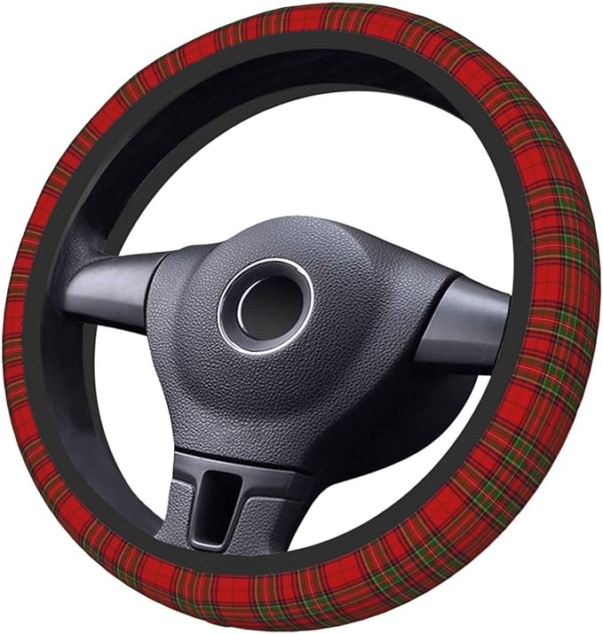 Thickened Elastic Steering Wheel Cover, Pretty Red and Green Tartan Plaid Ultra, Soft, Breathable, Fit for Cars, SUVs, Trucks, Stylish Comfortable Grip