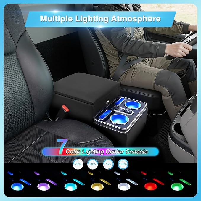 Center Console Armrest Organizer with 7-Color Mood Lighting Center Console for Truck & Minivan & Car & and SUVs Front Seat Bench Center with Locking (Update)