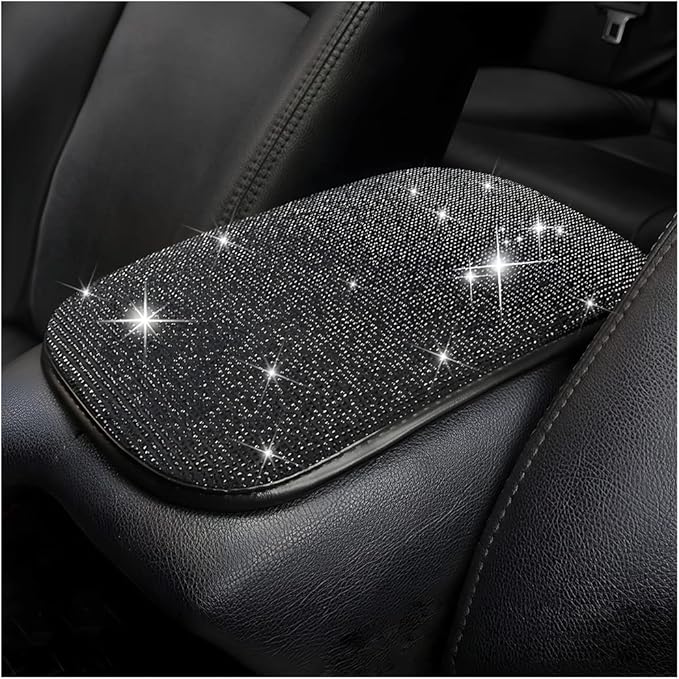 Moly Magnolia Bling Center Console Cover, Diamond Fashion ArmRest Pad, Crystal Soft Arm Rest Protective Cushion, Car Accessories for Women Girls, 11.8"×8.5" for Most of Vehicles, SUVs, Trucks (Black)