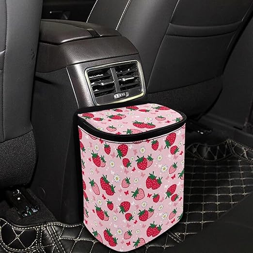 KEIAHUAN Pink Strawberry Car Trash Can Hanging Cute Detachable Garbage Bag for Back Seat Foldable Multipurpose Trash Bin Container Storage Suitable for Sedans, SUVs, Vans