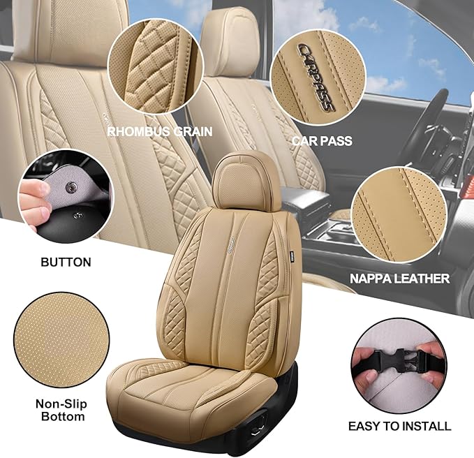 CAR PASS Nappa Leather Car Seat Covers Full Set Waterproof Protector Durable Cushioned,Universal Fit for Sedan SUV Pick-up Truck,Automotive, Anti-Slip and Backseat Luxury Premium (Light Beige)